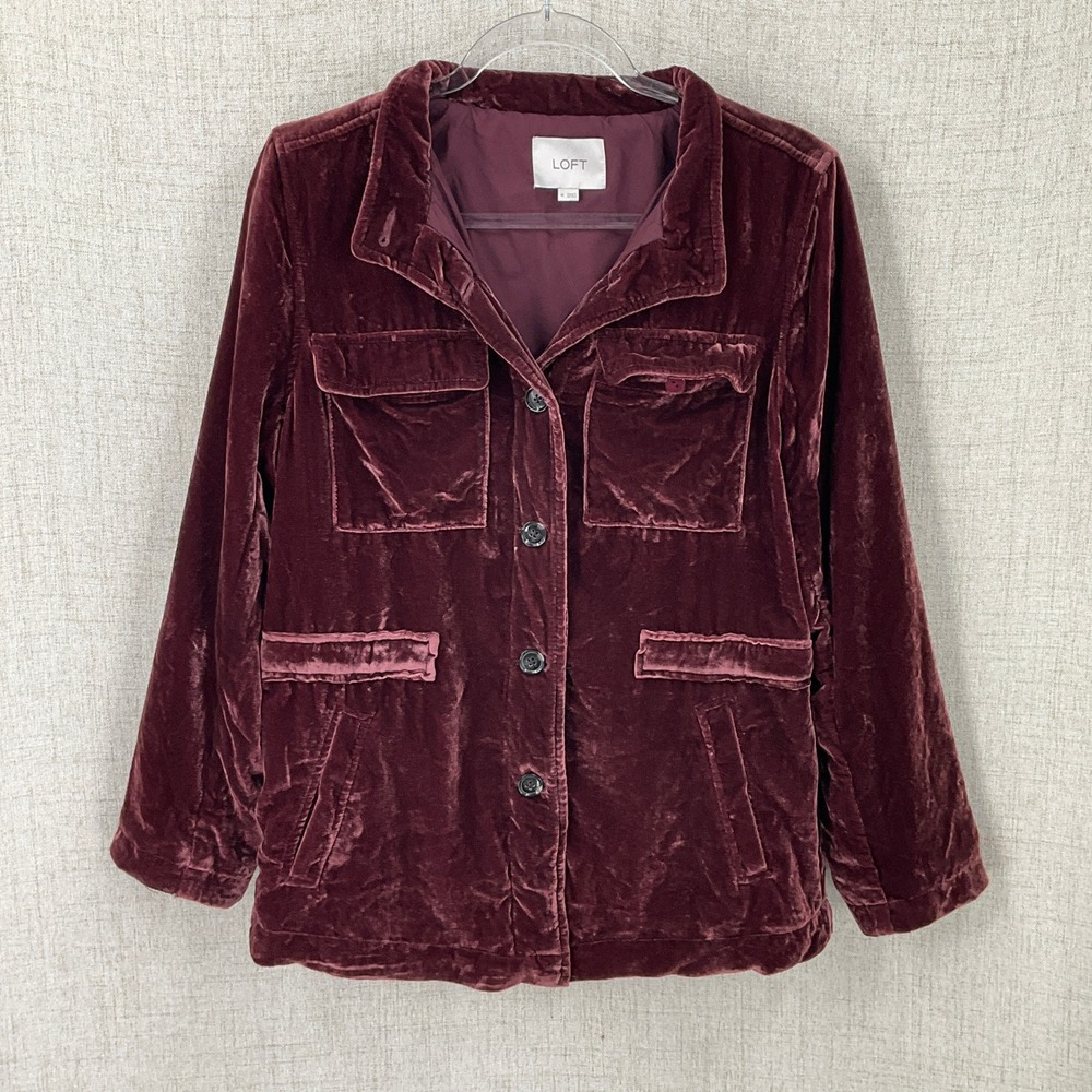 LOFT Field Jacket Womens Medium Burgundy Velvet Utility Boho Luxe Whimsigoth
